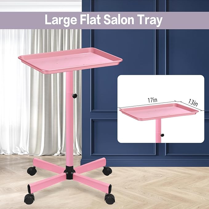 Salon Tray,Height Adjustable Tray on Wheels Hair Color Tray with Wheels Pink