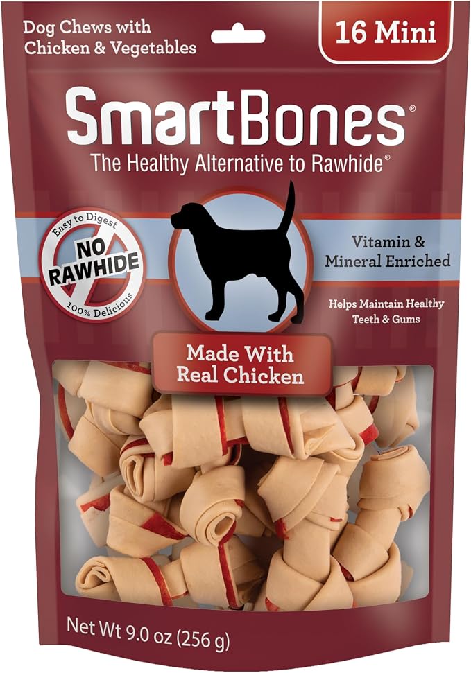 SmartBones Mini Bones Rawhide-Free Dog Treat, With Real Chicken, 16 Count | With With Real Chicken & Veggies, Easy To Digest Chew, Vitamin & Mineral Enriched, Supports Dental Health, For Small Dogs