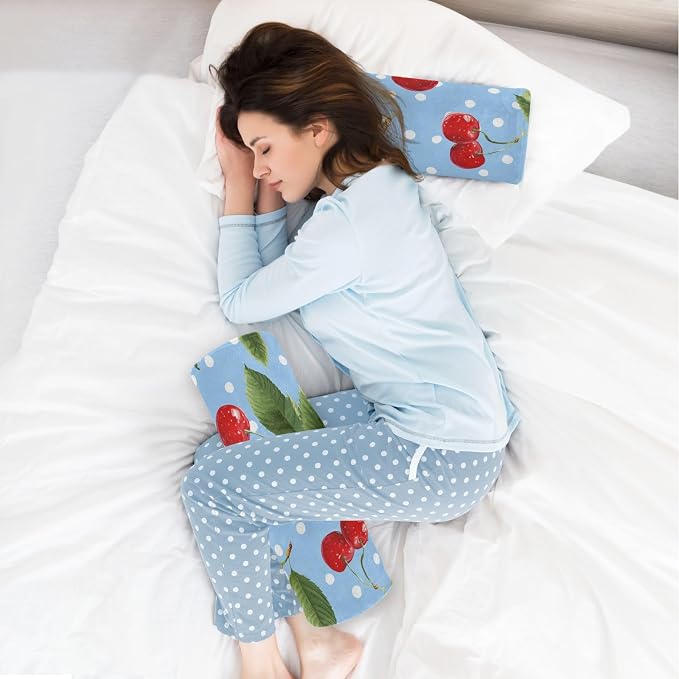 Light Blue Dots Red Cherry Neck Roll Pillow Bolster Round Health Memory Foam Long Cervical Cylinder Pillows with Removable Washable Cover for Body Bed Legs Back Yoga