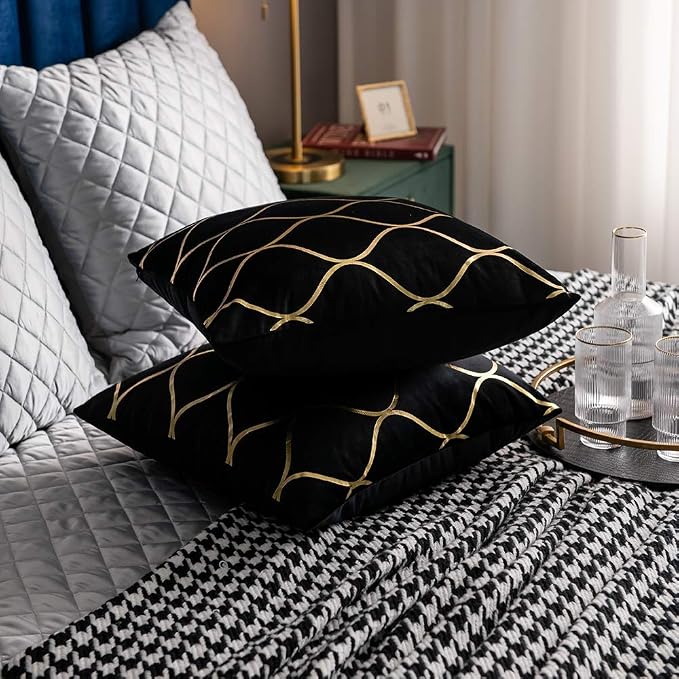 18x18 Inch Gold Velvet Throw Pillow Covers: 2 Pack Square Decorative Pillow Cases for Bedroom Sofa Couch Living Room, Black