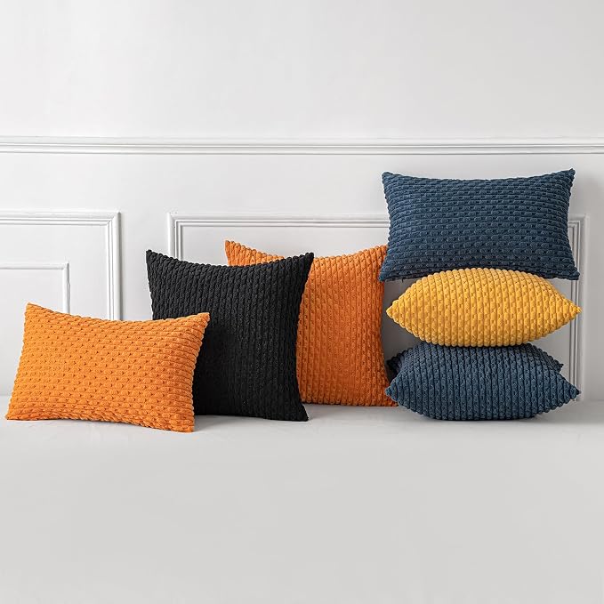 MIULEE Decorative Throw Pillow Covers 16x16 Black Textured Corduroy | Pack of 2 Striped Pillow Covers Modern Farmhouse Home Decor for Couch Bed Sofa Living Room