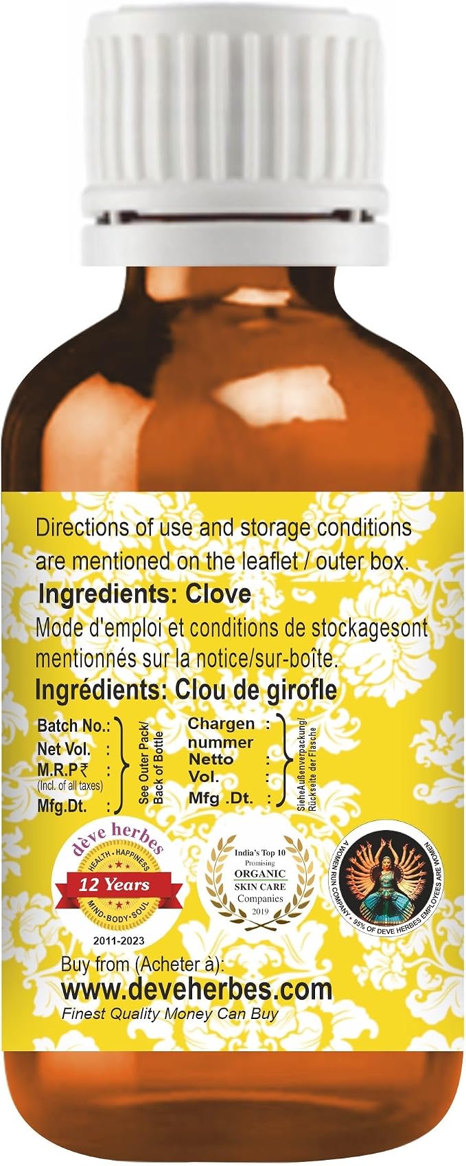 dève herbes Clove Essential Oil (Syzygium aromaticum) Pure | Non-Sticky | Non-Greasy | Lightweight | Men & Women | All Skin Types | Steam Distilled 15ml (0.5 oz)