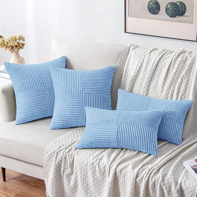 MIULEE Light Blue Decorative Throw Pillow Covers for Couch 18x18 Inch | 2 Pack, Boho Farmhouse Pillow Covers, Soft Cross Corduroy Patchwork Textured Cushion Cases For Bed Sofa