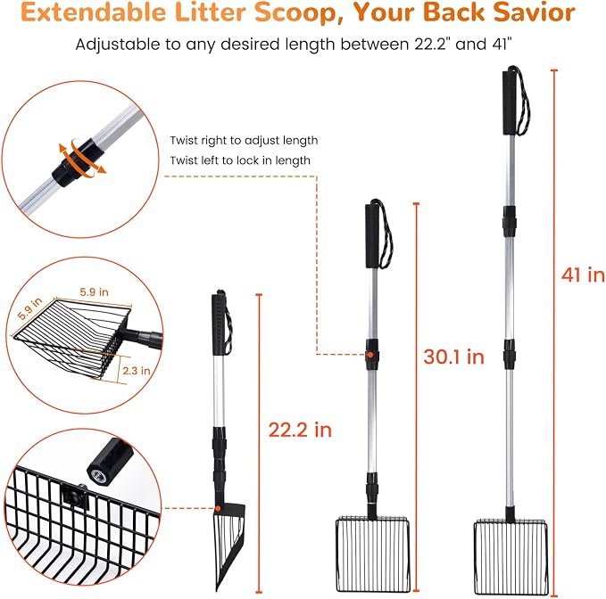 Metal Cat Litter Scoop with Holder, 43" Extendable Long Handle Cat Scooper for Litter Box, Solid & Durable, Deep Shovel for Fast Sifting, Large Pet Pooper Scooper for Kitty/Outside Dog Poop