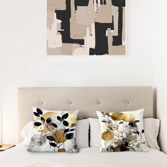 Black and Gold Botanical Pillow Covers 16x16 Set of 2, Abstract Modern Decorative Throw Pillow Covers for Living Room Bedroom, Modern Home Decor, Black and Gold Bedroom Living Room Decor