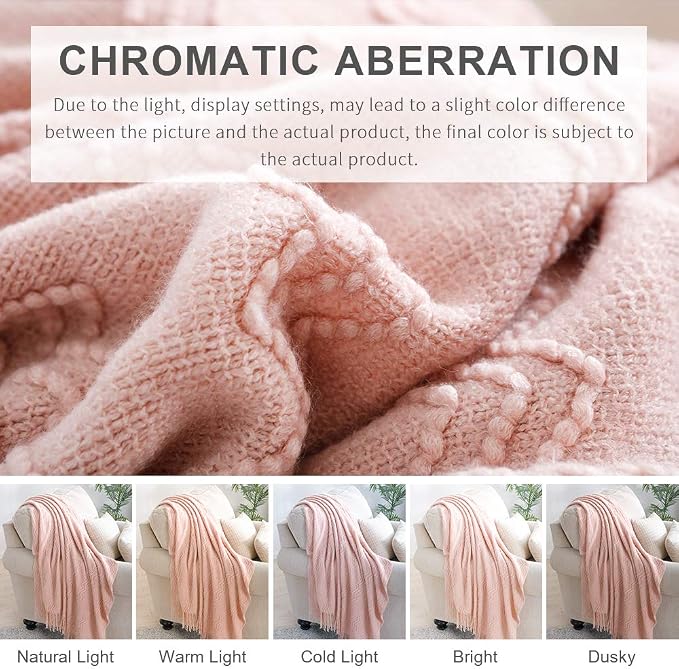 BOURINA Pink Throw Blanket 50x90 Inch Boho Knitted Soft Throw Sofa Blanket | Knitted Throw Blanket 50x90 Inches, Soft Lightweight Boho Weave Throw Decorative Couch Blanket for Living Room Bedroom Chair