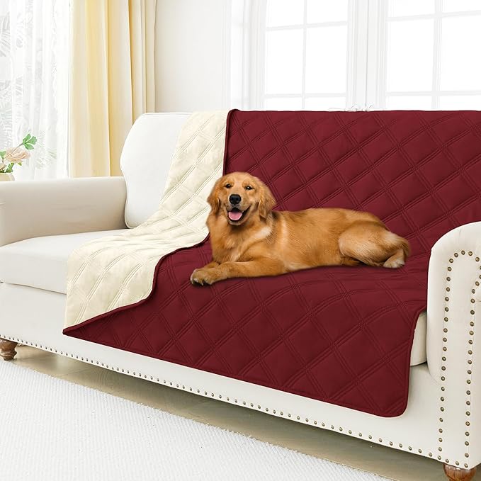 Smiry Waterproof Dog Bed Cover, Reversible Pet Blanket for Sofa Couch | Soft Washable Dog Blanket, Leakproof Couch Cover for Dogs Cats & Furniture Protection, 68x82, Wine Red/Beige