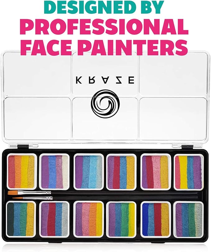 Kraze FX Splash Glam 12 Color Metallic Split Cake Palette (6 gm) with 2 Brushes - Water Activated, Hypoallergenic, Safe, Non-Toxic Face Painting Kit for Sensitive Skin, Kids & Adults