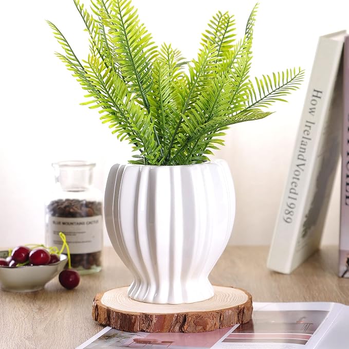 VanEnjoy 6 inch Modern Ribbed Design Small White Ceramic Decorative Tabletop Centerpiece Vase Flower Pot - White Spiral