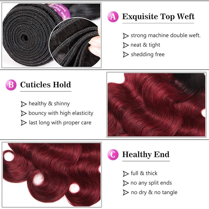 Ombre Human Hair Bundles Brazilian 1b/99j Two Tone Ombre Body Wave Human Hair One Bundle 24inch 100% Unprocessed Virgin Hair Bundles Weaves for Women