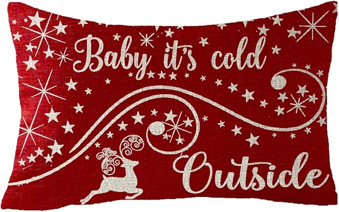 Set of 2, Happy Winter Red Snowflakes Let It Snow Baby It's Cold Outside Animal Elk Merry Cotton Linen Decorative Throw Pillow Cover Cushion Case 12''X20''inches