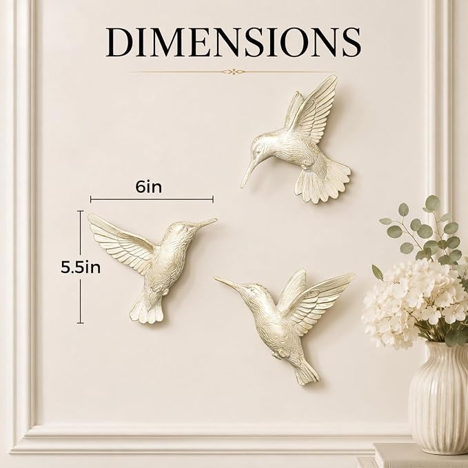 GUSFREUD 3D Hummingbird Wall Decor Set - Gold Resin Bird Wall Decor for Living Room, Bedroom and Gallery Walls - Ivory Gold - Set of 3