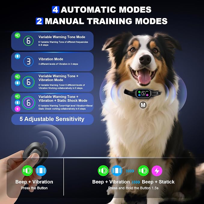 Dog Bark Collar with Remote Control,Smart 2-in-1 Automatic & Manual Anti Barking Dog Training Collar with Beep,Vibration,Static Modes for Large Medium Small Dogs,5 Adjustable Sensitivity