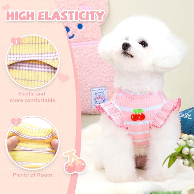 2 Pack Striped Sleeveless Dog Shirt, Cute Cherry Girl Dog Clothes Soft Cotton Pet Puppy Vest Outfits for Small Dogs Chihuahua Yorkie Spring Summer（Pink+Yellow,Small）