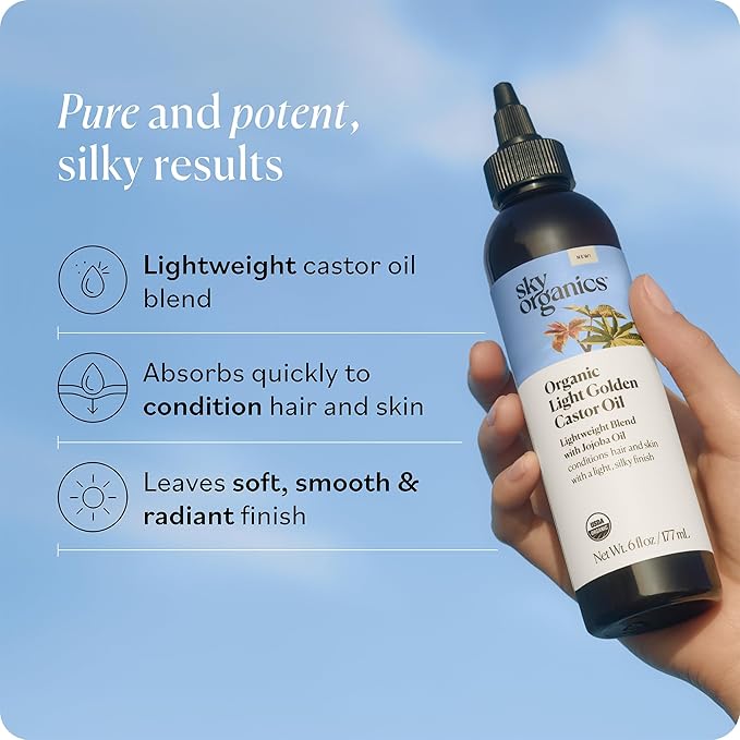 Sky Organics - Organic Light Golden Castor Oil (6 fl oz/177 mL) Conditions Hair, Skin, Brows, Scalp - Castor Oil Organic - Jojoba, Safflower Seed, Sweet Almond - Vegan, Cruelty Free, Beauty, Hair Care