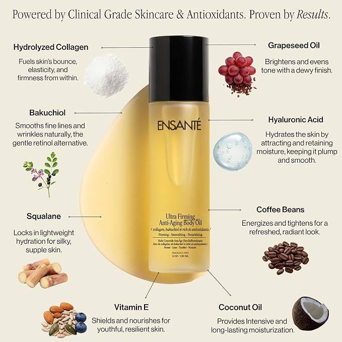 ENSANTE Ultra Firming Body Oil with Collagen Peptides for Skin Firming and Tightening, Bio Oil Skincare Oil Anti Cellulite Massage Oil with Bakuchiol Squalane Vitamin E Oil for Scars & Stretch Marks