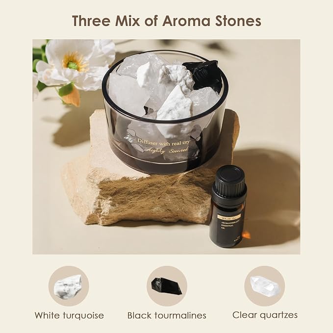 Crystal Stone Aroma Diffuser with Essential Oils for Home, Bathroom, Office, Home Decor & Fragrance 2 in 1, Chic Aromatherapy Gift Set (White Tea Scent)
