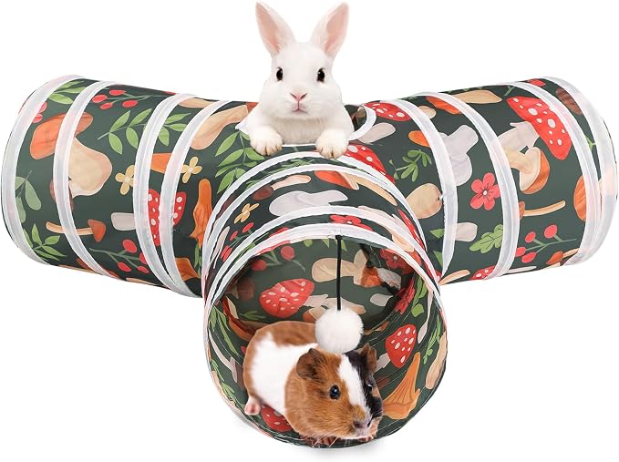 HERCOCCI Rabbit Toys, Bunny Tunnel & Tube, Collapsible 3 Way Rabbit Hideout Tunnel with Chew Toy for Bunny Guinea Pig Ferret Kitten