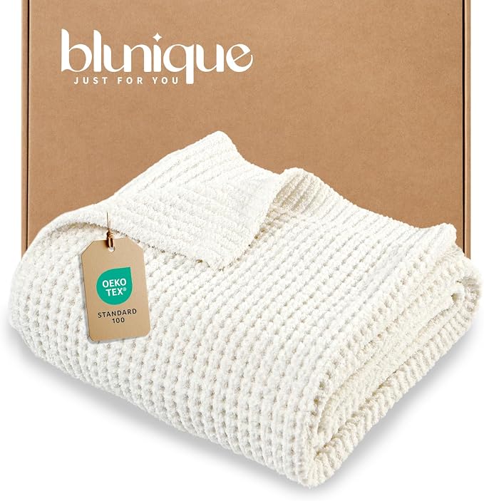 Waffle Knit Throw Blanket for Couch, Soft Cozy Chunky Knit Thick Knitted Blanket for Sofa, Bed, Gift for Women Girls Home Decor (Off White, Throw 50"x60")