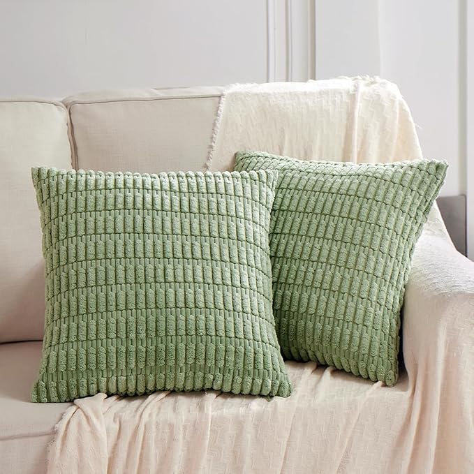 Fancy Homi Decorative Throw Pillow Covers for Bed Couch Bedroom Bench, Soft Corduroy Solid Pillow Case, Rustic Farmhouse Boho Room Decor,18" x 18" (Pack of 1),Sage Green