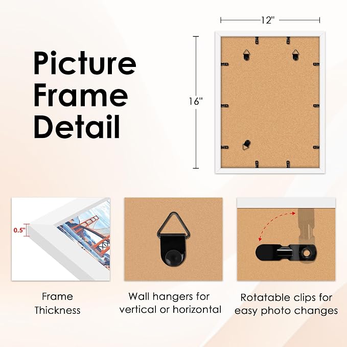 12x16 Picture Frame White Set of 2, Photo Frame with HD Plexiglass, Display Pictures 8.5x11 with Mat or 11x17 Without Mat, White Picture Frames Collage Wall Decor, Gallary Wall Frame