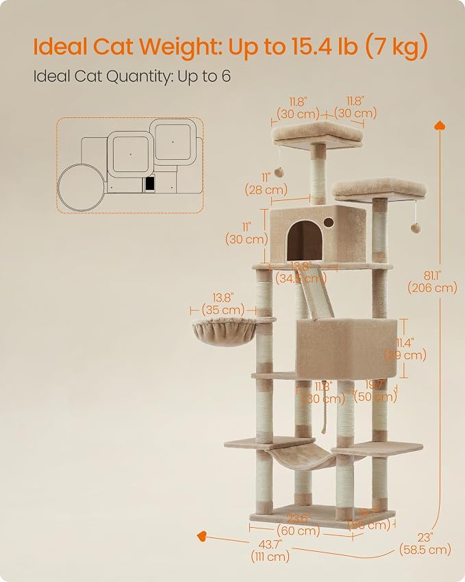 Feandrea Cat Tree, 81.1-Inch Large Cat Tower, Multi-Level Plush Condo with 13 Scratching Posts, 2 Perches, 2 Caves, Basket, Hammock, Pompoms, Camel Brown UPCT190K01
