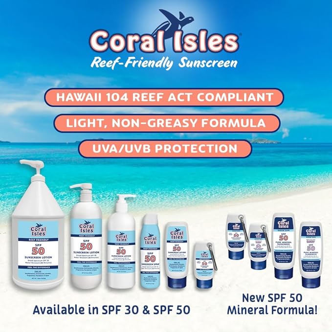 Coral Isles by Rocky Mountain Sunscreen | SPF 50 Lotion | Broad Spectrum UVA/UVB Protection | Hawaii Reef-Safe Act Compliant | Oxybenzone & Octinoxate Free | Water Resistant 80 Min. | 128 Fl Oz