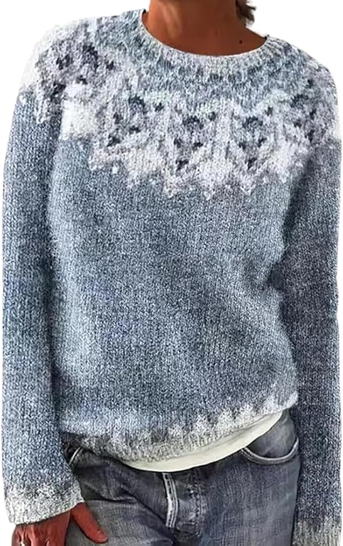 Zhyaj Fair Isle Sweater for Womens Winter Long Sleeve Vintage Knitted Sweater Casual Fall Crew Neck Pullover Sweaters