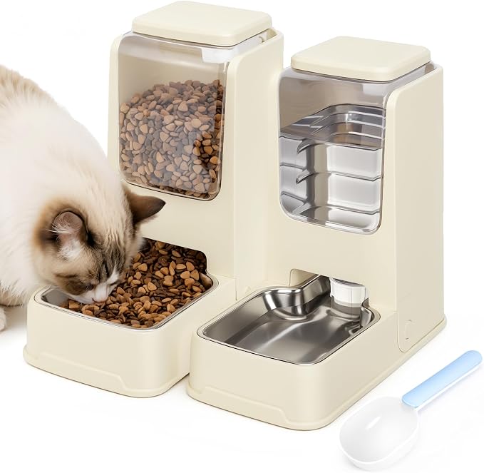 2 Pack Automatic Cat Feeder Stainless Steel Gravity Food and Water Dispenser for Small Medium Kitten Puppy Pets (Cream)