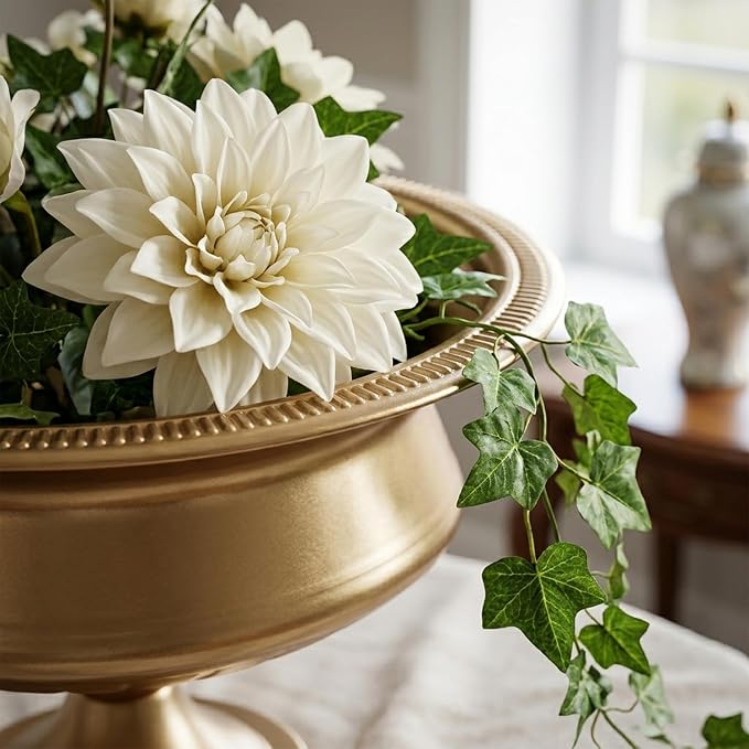 WORTH 8" H. Gold Color Urn Vase for Centerpieces, 11.8" Dia. Classic Metal Trumpet Small Flower Pot for Table, Bowl Vase for Wedding Party Event Home Decor, Smooth, Non-Aged Finish
