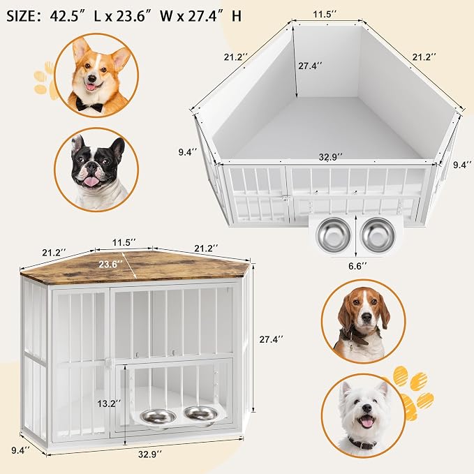 Corner Dog Crate Furniture for Small Dogs, Indoor Kennel End Table, White