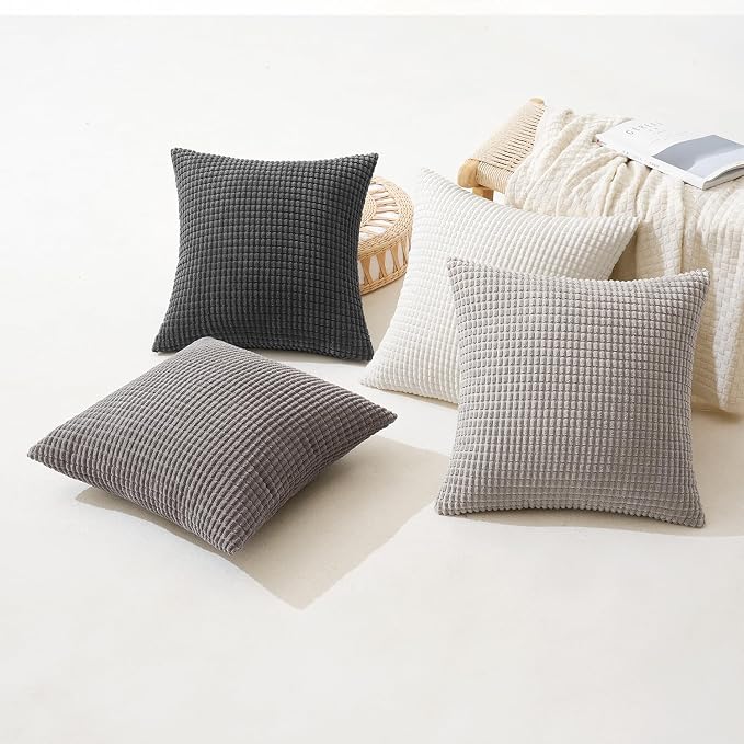 MIULEE Neutral Decorative Pillow Covers 18x18 Inch Set of 4 Modern Grey | Timeless Mid Century Throw Pillows, Rustic Corduroy Couch Pillowcases, Nordic Home Decor for Sofa Living Room Bed