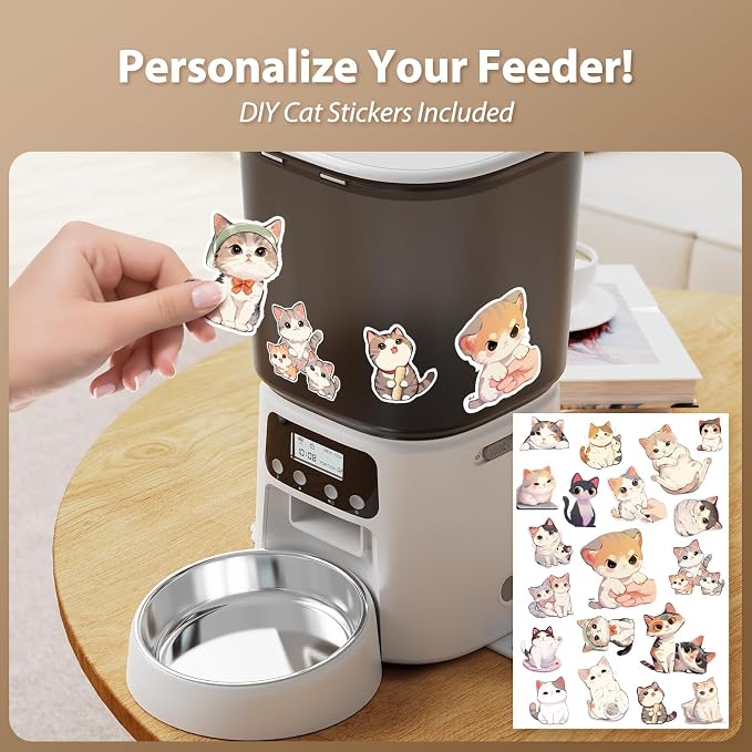 Petrice Automatic Cat Feeder, 4L/16Cups Cat Food Dispenser with Stainless Steel Bowl 30 Portions 6 Meals per Day, Programmable Auto Cat Feeder for Kitty Small Dogs with 10S Voice Record, White