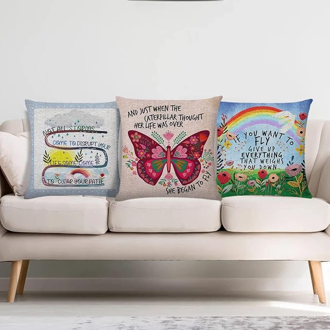 Littlefa Butterfly Decorative Throw Pillow Cover, She Began to Fly Sign | Motivational Throw Pillow Covers for Girls, Inspirational Decorative Pillow Case for Couch Girls Bedroom, 18×18 In