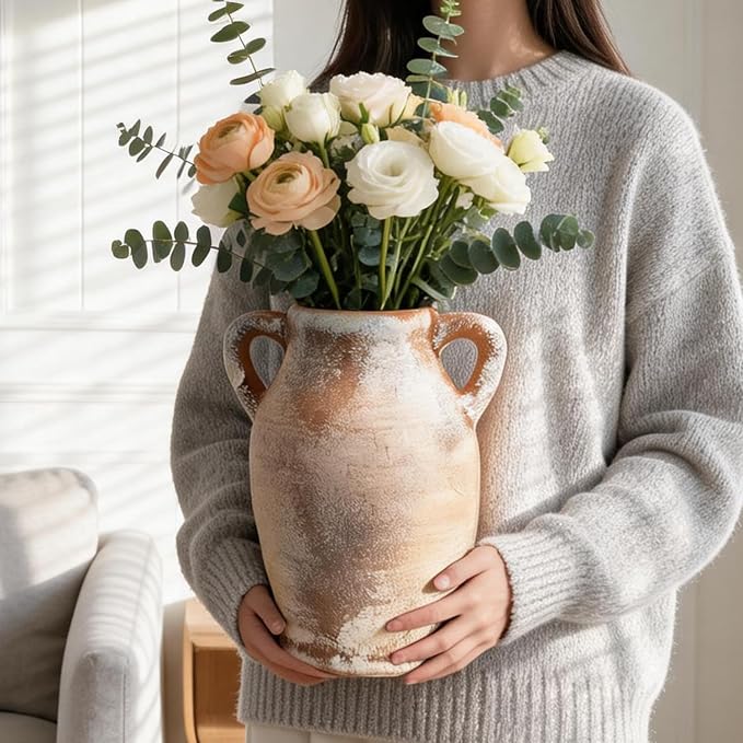 Ceramic Flower Vase, 8.3" Rustic Farmhouse Table Vase, Low Profile Decorative Pottery Vase for Fresh Flowers, Faux Stems, Coffee Table, Kitchen, Bathroom and Shelf Decor
