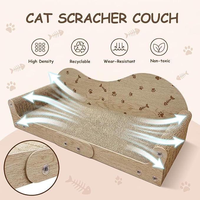 Cat Scratcher Bed,26 Inch Sofa-Shaped Cat Scratcher Couch, Large Luxury Durable Cardboard Sofa Scratcher Pad Furniture Protector for Indoor Cats Scrach,Rest and Play,Beige