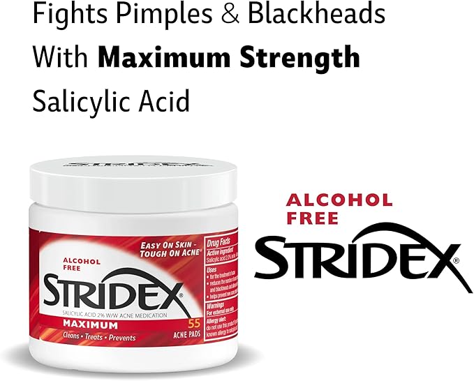 Stridex Medicated Acne Pads, Maximum, 55 Count – Facial Cleansing Wipes, Alcohol Free, Acne Treatment for Face, For Moderate Acne, Smooth Application
