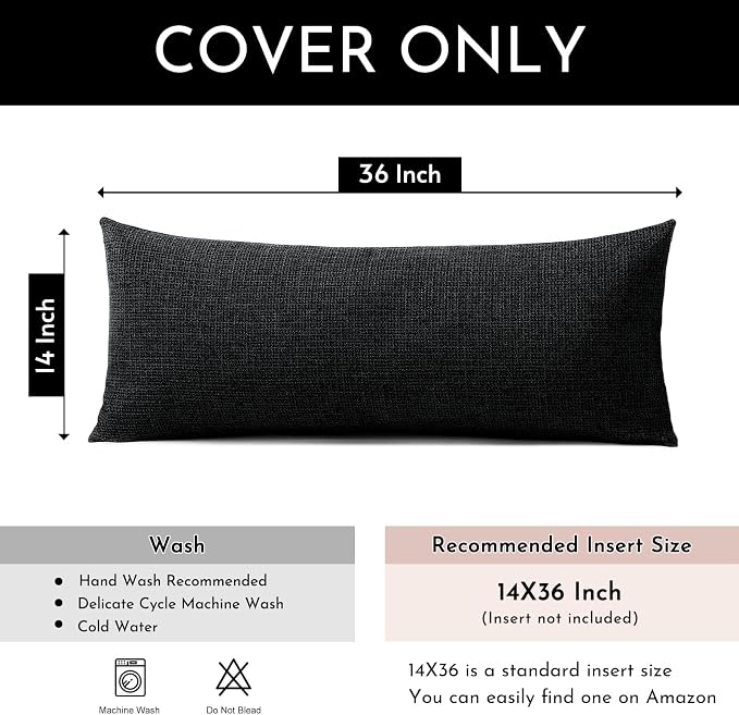 OTOSTAR Linen Throw Pillow Cover Set of 1 Decorative Long Lumbar Pillowcase Rectangle Cushion Cover 14x36 Inch for Home Decor Sofa Bedroom Car 35 x 90CM Black