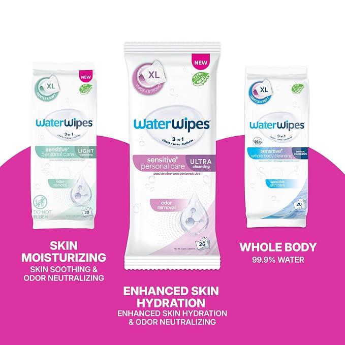 WaterWipes Sensitive Personal Care Ultra, Incontinence Wipes, Odor Removal, Heavy Duty XL Textured Wipes, Fragrance Free, 156 Count (6 Packs)