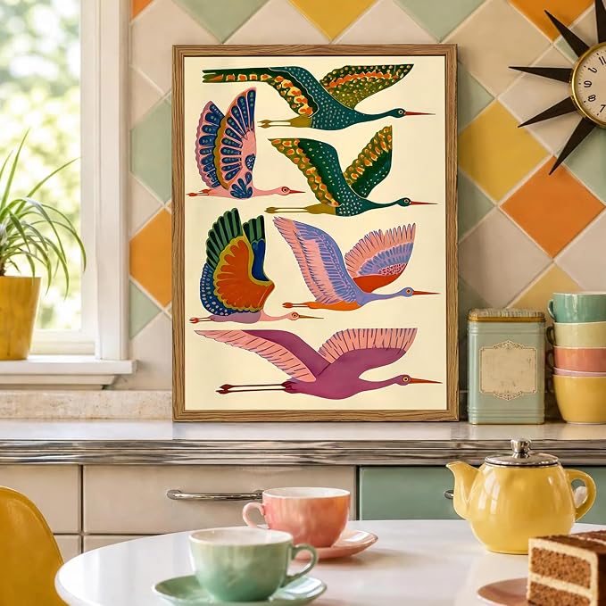 Framed Colorful Bird Wall Art, Vintage Flying Heron Pictures Wall Decor, Mid Century Modern Animal Paintings Canvas Prints Abstract Home Decor Aesthetic Artwork for Living Room Bedroom 12x16 inch