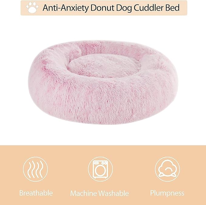 WNPETHOME Large Pink Round Calming Dog Bed Cat Bed for Comfy Sleep | Large Cute Washable Puppy & Cat Bed with Fluffy Plush, Faux Fur Anti Anxiety Pet Bed Donut Cuddler (36x36x10 Inch)