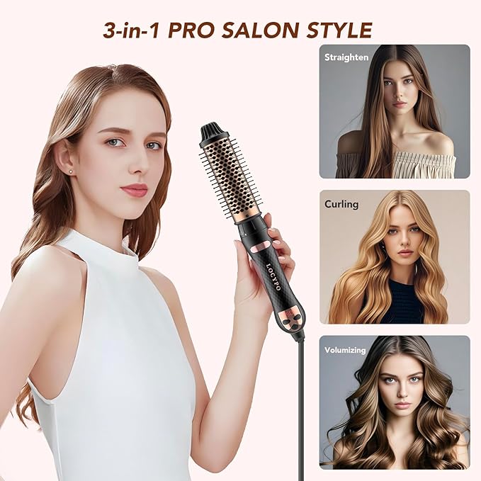 3-in-1 Thermal Brush for Blowout Look, 1.5 Inch Detachable Ion Ceramic Heated Round Brush for Hair Straightening and Curling Styler Tools, Makes Hair Smoother, Dual Voltage(Rose Gold)