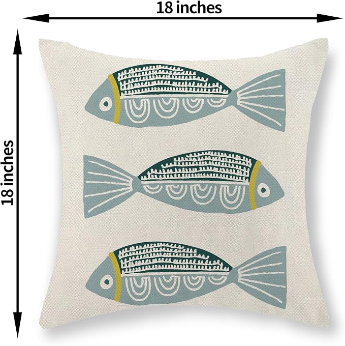 Coastal Pillow Covers 18 x 18 Inch Set of 2 Ocean Beach Blue Fish Throw Pillows Summer Natical Outdoor Decorative Pillow Cases Linen Farmhouse Cushion Case for Couch Home Sofa Bedroom Decor