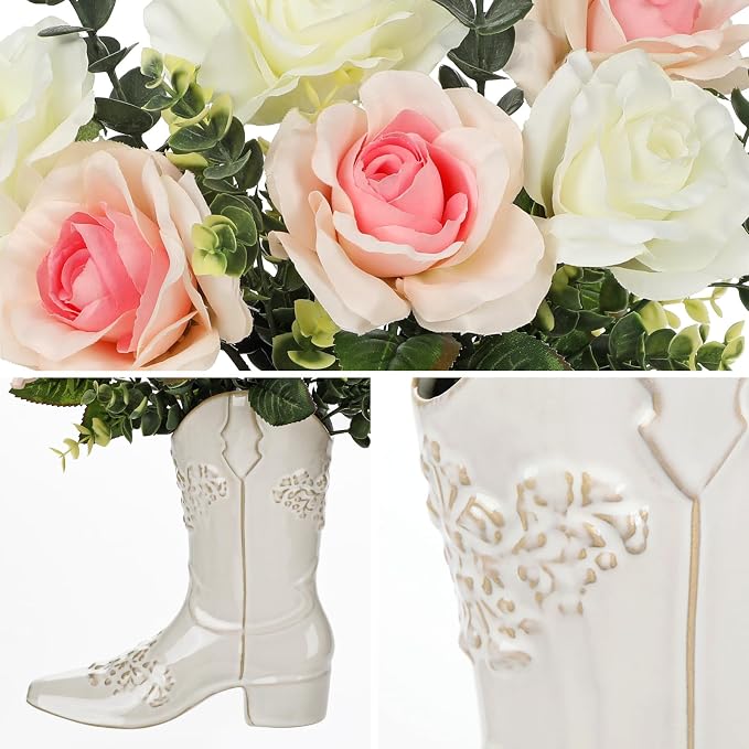 Artificial Flower Plant in Ceramic Cowboy Boot Vase Faux Floral Decor