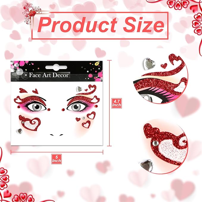 Heart Face Tattoos Stickers Glitter Face Gems Valentine's Day Temporary Tattoo Face Stickers for Women 4Pcs