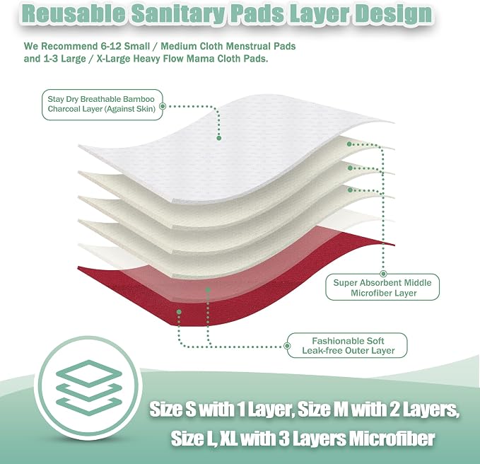 Wegreeco Cloth Menstrual Pads - Soft Washable Pads for Women - Reusable Panty Liners for Women - 6 Pack with 1 Cloth Mini Wet Bag (Small, Burgundy)