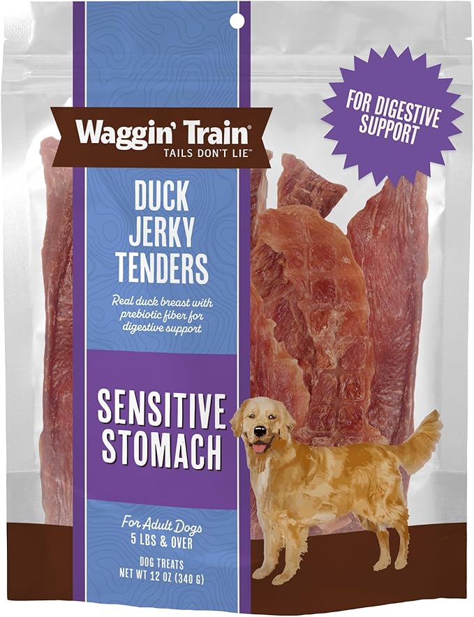 Waggin' Train Duck Jerky Dog Treats for Dogs with Sensitive Stomachs, Made with 100% Real Duck Breasts, Three All-Natural Ingredients, High Protein Dog Treat, Easily Digestible for Dogs, 12 oz. Pouch