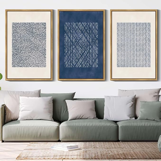 Drsoum Blue Mid-Century Modern Framed Wall Art Large 24x36in Minimalist Abstract Boho Wall Decor Geometric Artwork Kitchen Dining Room Black Framed