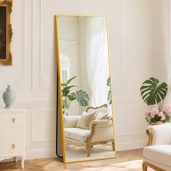 DUMOS 24"x65" Full Length Floor Mirror, Full Body Mirror | Standing Aluminum Frame, Bedroom Body Hanging Leaning, Living Room Cloakroom Home Decor, Gold