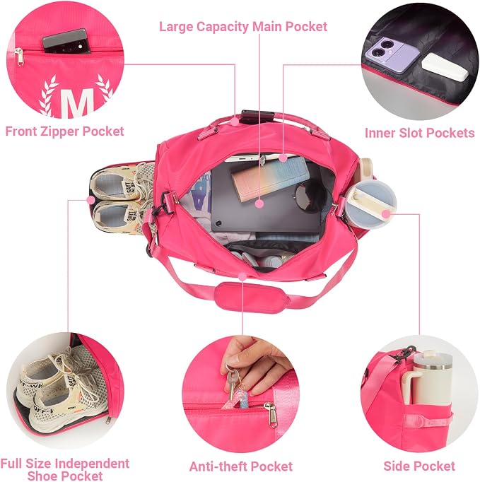 Gym Bag for Women, Personalized Duffle Bag with Shoe Compartment, Sports Bag for Yoga & Dance with Wet Pocket and Mat Strap(HotPink,Q)